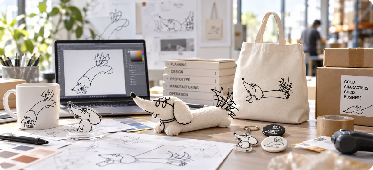 企画・デザインから製造・運用までを表した、キャラクターグッズの制作デスク